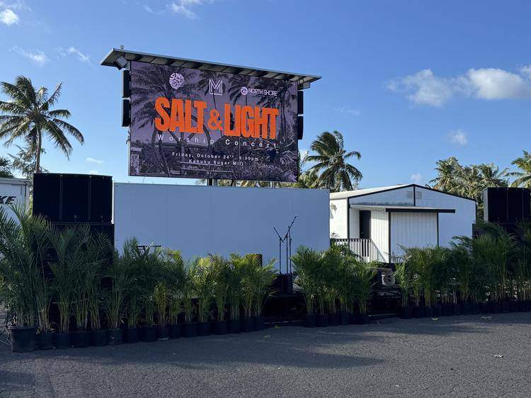 TV1 LED screen displaying the Salt and Light worship concert graphic at Kahuku Sugar Mill